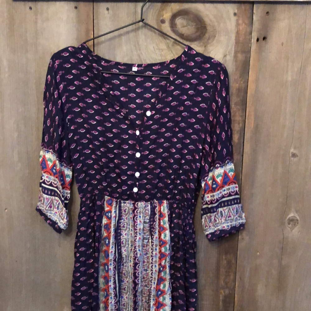 Shein Boho Elastic Waist Maxi Dress in Blue Print Size Medium